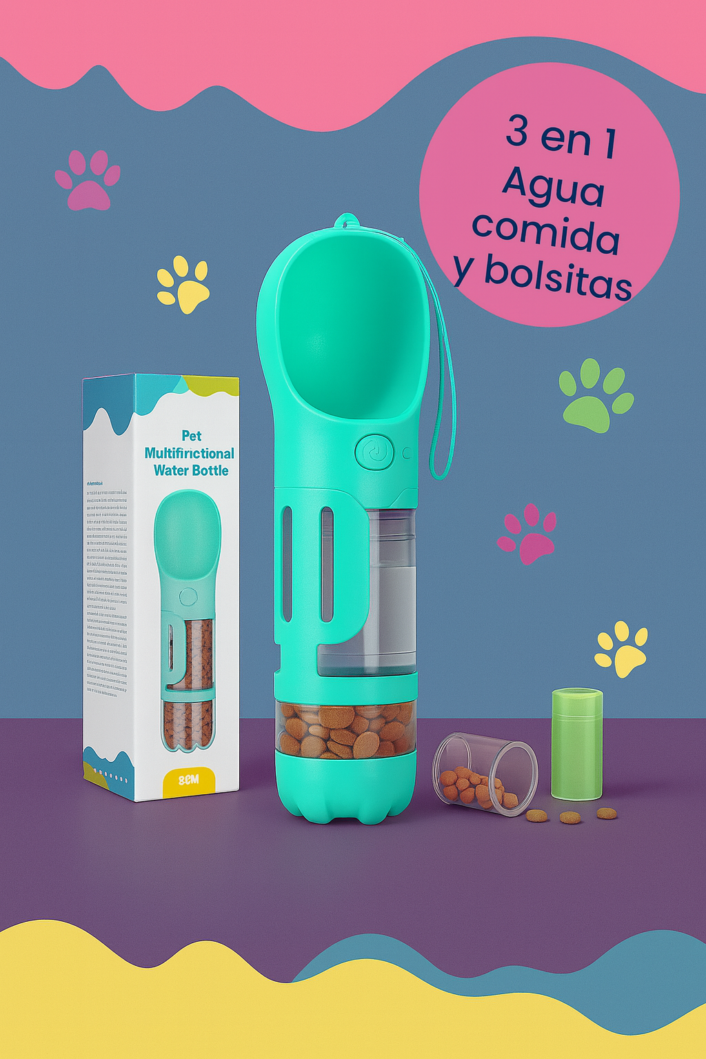 Botella 3 en 1 para Mascotas: ¡Todo lo que Necesitas en un Solo Lugar!